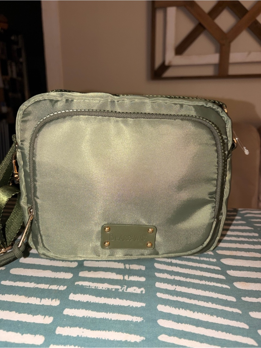 BearPaw Sage Green Nylon Crossbody with Gold Hardware